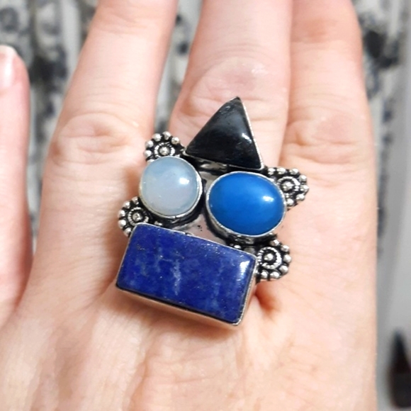 New Black Onyx, Lapis Lazuli, Chalcedony 925 Silver Ring. - Picture 1 of 7